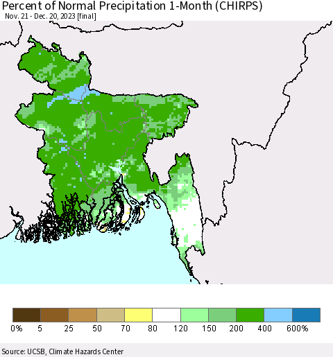 Bangladesh Percent of Normal Precipitation 1-Month (CHIRPS) Thematic Map For 11/21/2023 - 12/20/2023