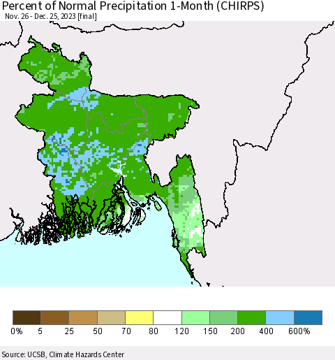 Bangladesh Percent of Normal Precipitation 1-Month (CHIRPS) Thematic Map For 11/26/2023 - 12/25/2023