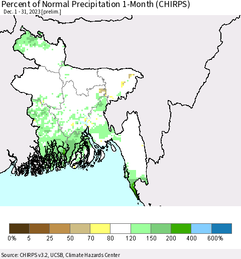 Bangladesh Percent of Normal Precipitation 1-Month (CHIRPS) Thematic Map For 12/1/2023 - 12/31/2023