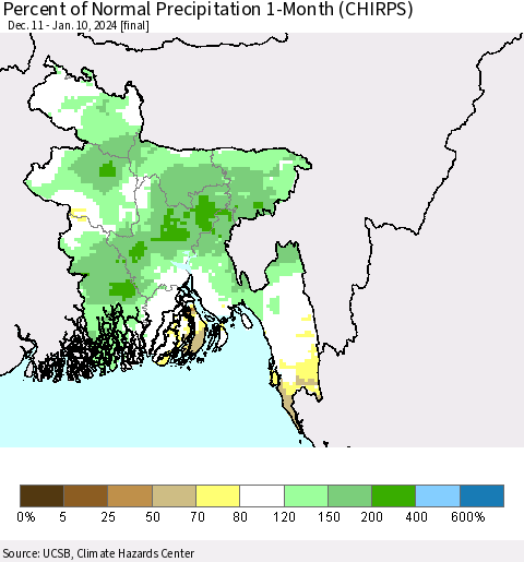Bangladesh Percent of Normal Precipitation 1-Month (CHIRPS) Thematic Map For 12/11/2023 - 1/10/2024