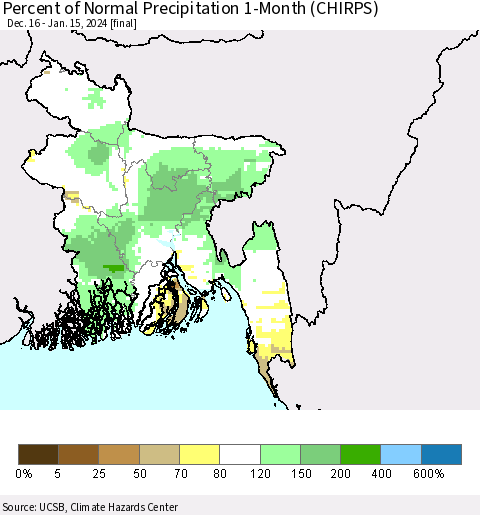 Bangladesh Percent of Normal Precipitation 1-Month (CHIRPS) Thematic Map For 12/16/2023 - 1/15/2024