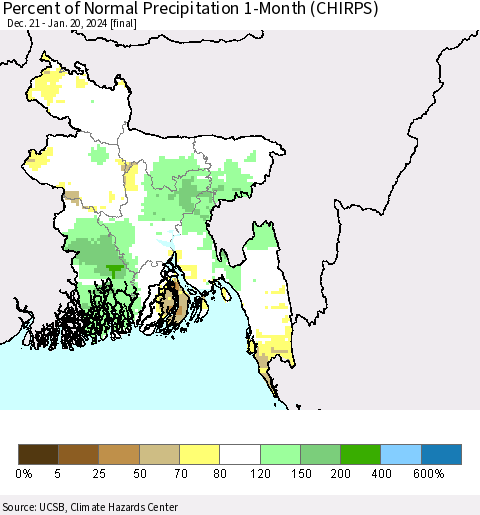 Bangladesh Percent of Normal Precipitation 1-Month (CHIRPS) Thematic Map For 12/21/2023 - 1/20/2024