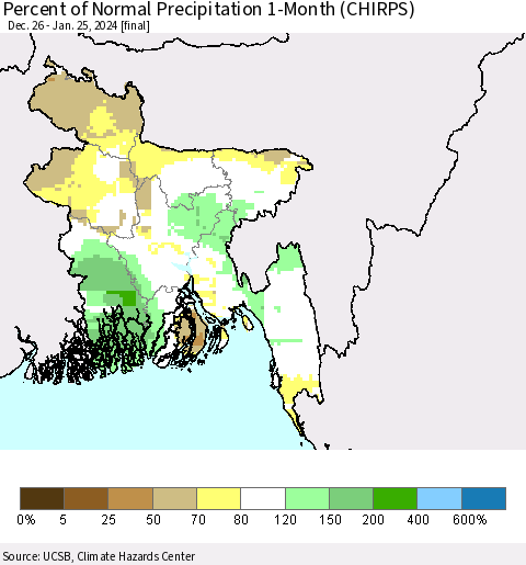 Bangladesh Percent of Normal Precipitation 1-Month (CHIRPS) Thematic Map For 12/26/2023 - 1/25/2024