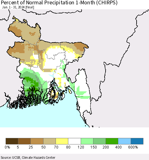Bangladesh Percent of Normal Precipitation 1-Month (CHIRPS) Thematic Map For 1/1/2024 - 1/31/2024