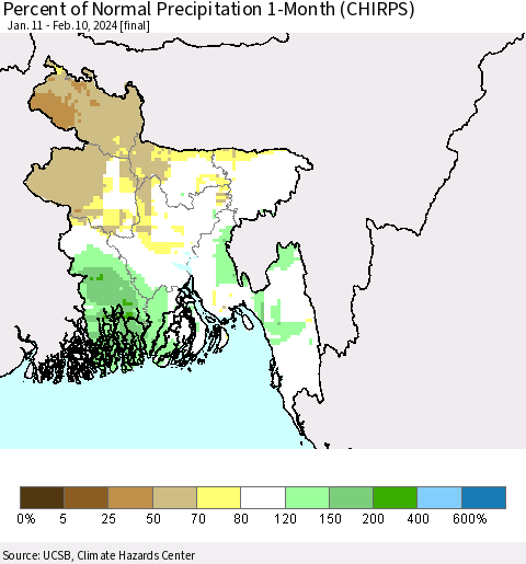 Bangladesh Percent of Normal Precipitation 1-Month (CHIRPS) Thematic Map For 1/11/2024 - 2/10/2024