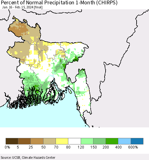 Bangladesh Percent of Normal Precipitation 1-Month (CHIRPS) Thematic Map For 1/16/2024 - 2/15/2024