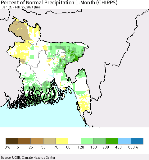 Bangladesh Percent of Normal Precipitation 1-Month (CHIRPS) Thematic Map For 1/26/2024 - 2/25/2024