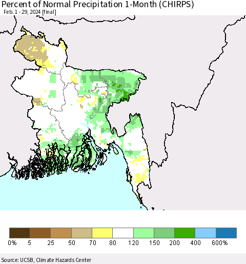 Bangladesh Percent of Normal Precipitation 1-Month (CHIRPS) Thematic Map For 2/1/2024 - 2/29/2024