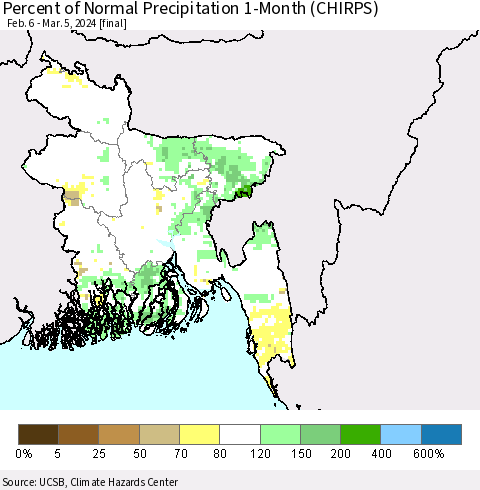Bangladesh Percent of Normal Precipitation 1-Month (CHIRPS) Thematic Map For 2/6/2024 - 3/5/2024