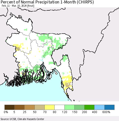 Bangladesh Percent of Normal Precipitation 1-Month (CHIRPS) Thematic Map For 2/11/2024 - 3/10/2024