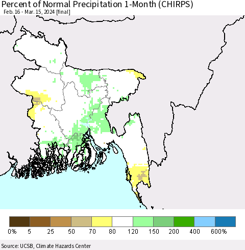 Bangladesh Percent of Normal Precipitation 1-Month (CHIRPS) Thematic Map For 2/16/2024 - 3/15/2024