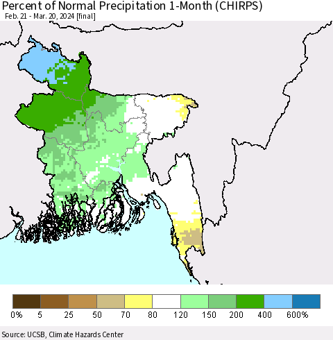 Bangladesh Percent of Normal Precipitation 1-Month (CHIRPS) Thematic Map For 2/21/2024 - 3/20/2024