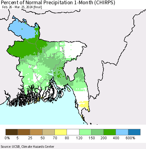 Bangladesh Percent of Normal Precipitation 1-Month (CHIRPS) Thematic Map For 2/26/2024 - 3/25/2024