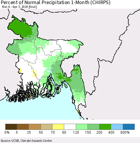 Bangladesh Percent of Normal Precipitation 1-Month (CHIRPS) Thematic Map For 3/6/2024 - 4/5/2024