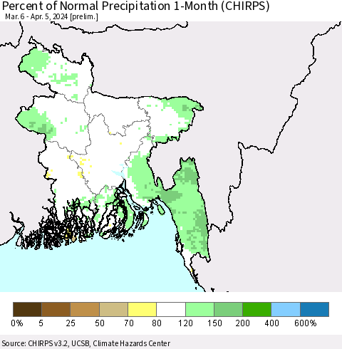 Bangladesh Percent of Normal Precipitation 1-Month (CHIRPS) Thematic Map For 3/6/2024 - 4/5/2024
