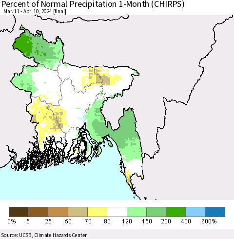 Bangladesh Percent of Normal Precipitation 1-Month (CHIRPS) Thematic Map For 3/11/2024 - 4/10/2024