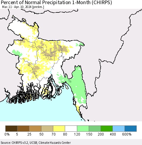 Bangladesh Percent of Normal Precipitation 1-Month (CHIRPS) Thematic Map For 3/11/2024 - 4/10/2024