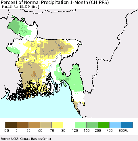 Bangladesh Percent of Normal Precipitation 1-Month (CHIRPS) Thematic Map For 3/16/2024 - 4/15/2024