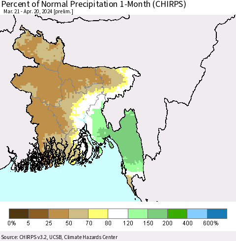 Bangladesh Percent of Normal Precipitation 1-Month (CHIRPS) Thematic Map For 3/21/2024 - 4/20/2024