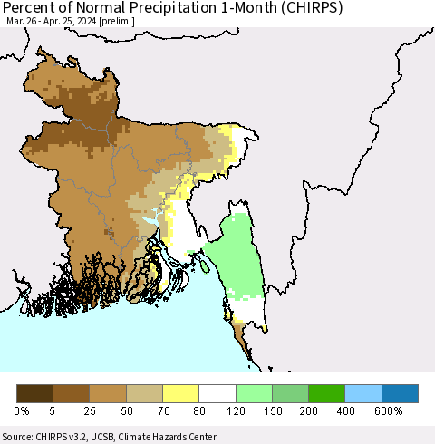 Bangladesh Percent of Normal Precipitation 1-Month (CHIRPS) Thematic Map For 3/26/2024 - 4/25/2024