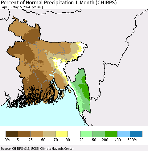 Bangladesh Percent of Normal Precipitation 1-Month (CHIRPS) Thematic Map For 4/6/2024 - 5/5/2024