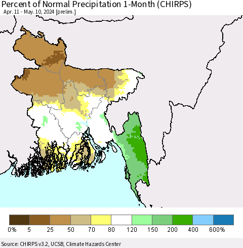 Bangladesh Percent of Normal Precipitation 1-Month (CHIRPS) Thematic Map For 4/11/2024 - 5/10/2024