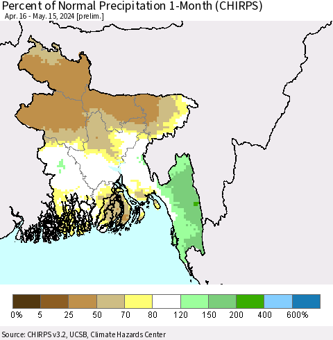 Bangladesh Percent of Normal Precipitation 1-Month (CHIRPS) Thematic Map For 4/16/2024 - 5/15/2024
