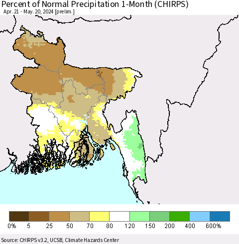 Bangladesh Percent of Normal Precipitation 1-Month (CHIRPS) Thematic Map For 4/21/2024 - 5/20/2024