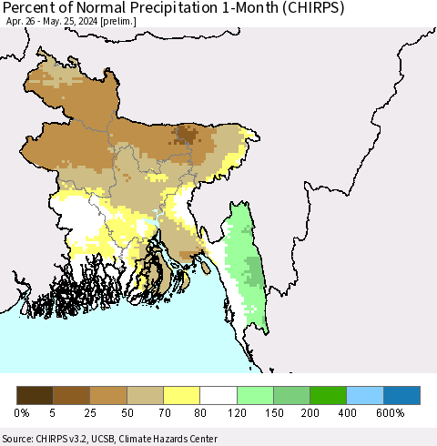 Bangladesh Percent of Normal Precipitation 1-Month (CHIRPS) Thematic Map For 4/26/2024 - 5/25/2024