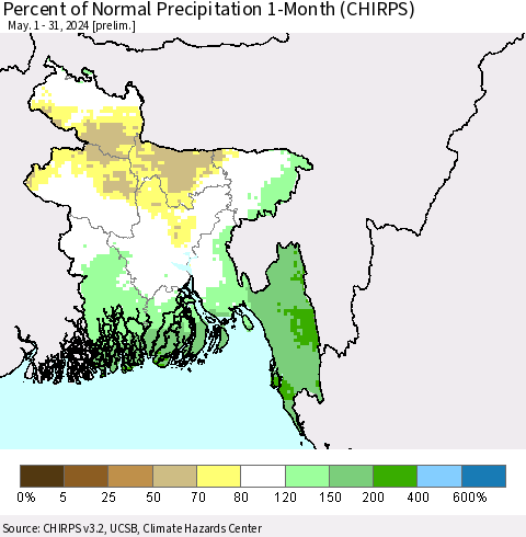 Bangladesh Percent of Normal Precipitation 1-Month (CHIRPS) Thematic Map For 5/1/2024 - 5/31/2024