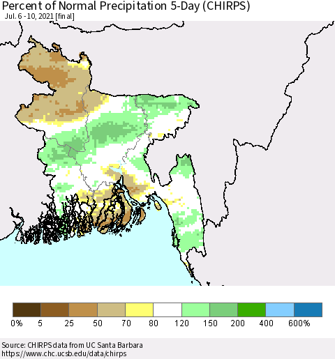 Bangladesh Percent of Normal Precipitation 5-Day (CHIRPS) Thematic Map For 7/6/2021 - 7/10/2021