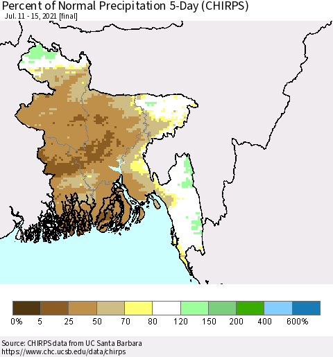 Bangladesh Percent of Normal Precipitation 5-Day (CHIRPS) Thematic Map For 7/11/2021 - 7/15/2021