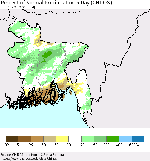 Bangladesh Percent of Normal Precipitation 5-Day (CHIRPS) Thematic Map For 7/16/2021 - 7/20/2021