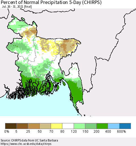Bangladesh Percent of Normal Precipitation 5-Day (CHIRPS) Thematic Map For 7/26/2021 - 7/31/2021
