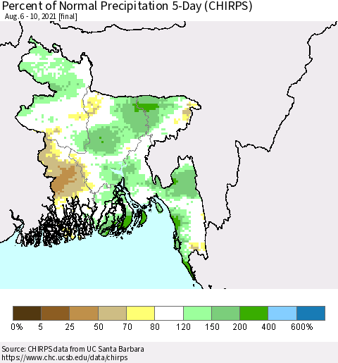 Bangladesh Percent of Normal Precipitation 5-Day (CHIRPS) Thematic Map For 8/6/2021 - 8/10/2021
