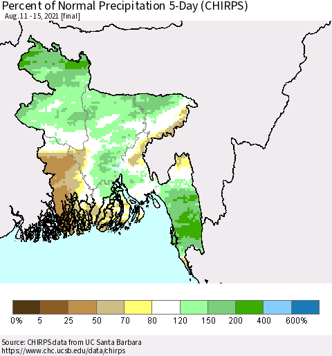 Bangladesh Percent of Normal Precipitation 5-Day (CHIRPS) Thematic Map For 8/11/2021 - 8/15/2021