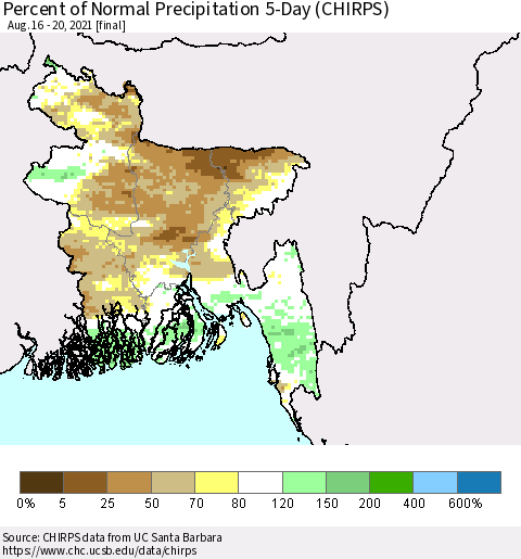 Bangladesh Percent of Normal Precipitation 5-Day (CHIRPS) Thematic Map For 8/16/2021 - 8/20/2021