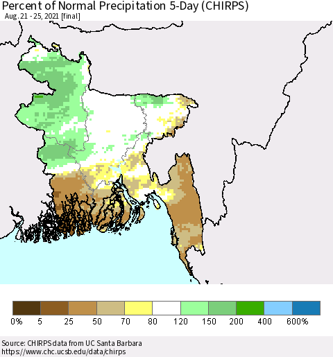 Bangladesh Percent of Normal Precipitation 5-Day (CHIRPS) Thematic Map For 8/21/2021 - 8/25/2021