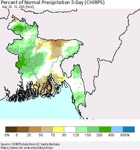 Bangladesh Percent of Normal Precipitation 5-Day (CHIRPS) Thematic Map For 8/26/2021 - 8/31/2021