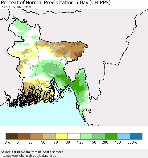 Bangladesh Percent of Normal Precipitation 5-Day (CHIRPS) Thematic Map For 9/1/2021 - 9/5/2021