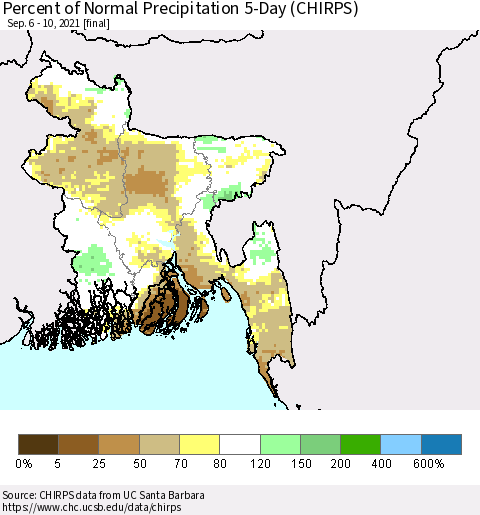 Bangladesh Percent of Normal Precipitation 5-Day (CHIRPS) Thematic Map For 9/6/2021 - 9/10/2021