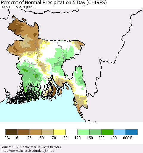Bangladesh Percent of Normal Precipitation 5-Day (CHIRPS) Thematic Map For 9/11/2021 - 9/15/2021