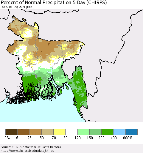 Bangladesh Percent of Normal Precipitation 5-Day (CHIRPS) Thematic Map For 9/16/2021 - 9/20/2021