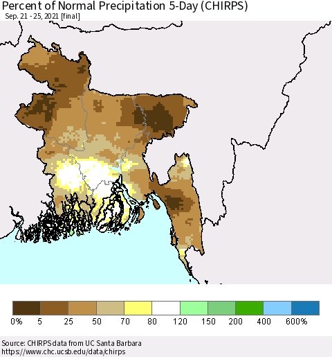 Bangladesh Percent of Normal Precipitation 5-Day (CHIRPS) Thematic Map For 9/21/2021 - 9/25/2021