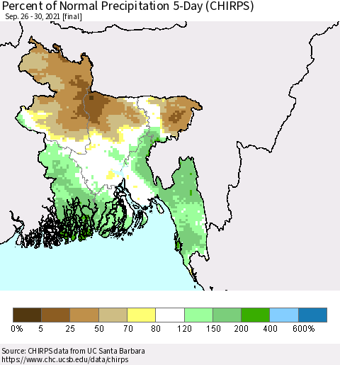 Bangladesh Percent of Normal Precipitation 5-Day (CHIRPS) Thematic Map For 9/26/2021 - 9/30/2021