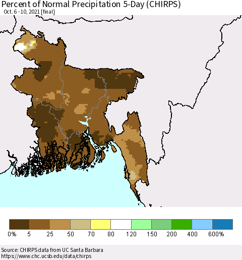 Bangladesh Percent of Normal Precipitation 5-Day (CHIRPS) Thematic Map For 10/6/2021 - 10/10/2021