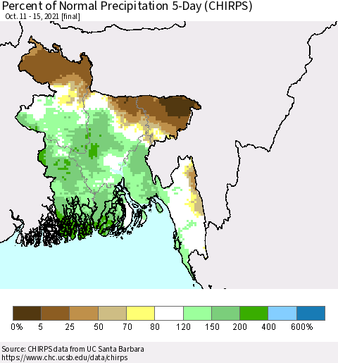 Bangladesh Percent of Normal Precipitation 5-Day (CHIRPS) Thematic Map For 10/11/2021 - 10/15/2021