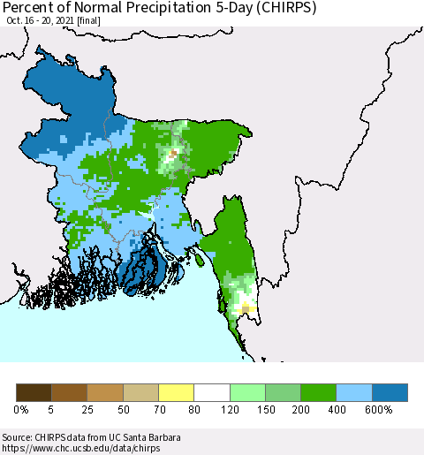 Bangladesh Percent of Normal Precipitation 5-Day (CHIRPS) Thematic Map For 10/16/2021 - 10/20/2021