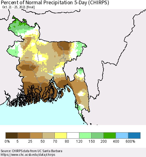 Bangladesh Percent of Normal Precipitation 5-Day (CHIRPS) Thematic Map For 10/21/2021 - 10/25/2021