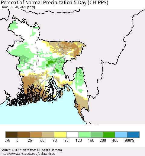 Bangladesh Percent of Normal Precipitation 5-Day (CHIRPS) Thematic Map For 11/16/2021 - 11/20/2021